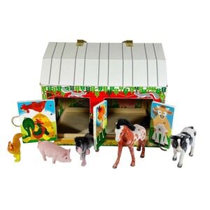 Melissa And Doug Wooden Latches Barn With Five Animals Horse Pig Pony Cow Hen